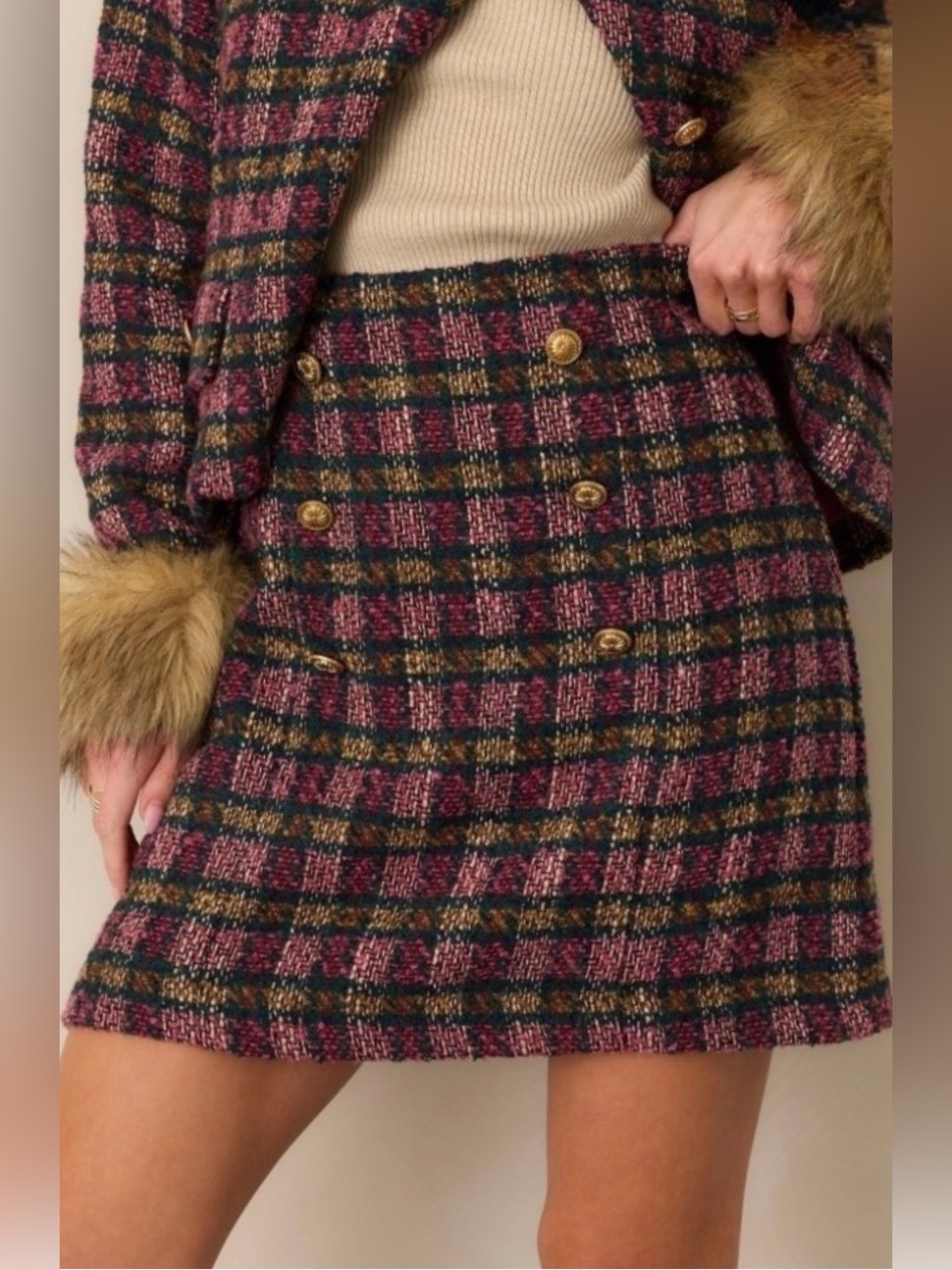 PROSPERINA GARDNER PINK MULTI PLAID TWEED MINI SKIRT